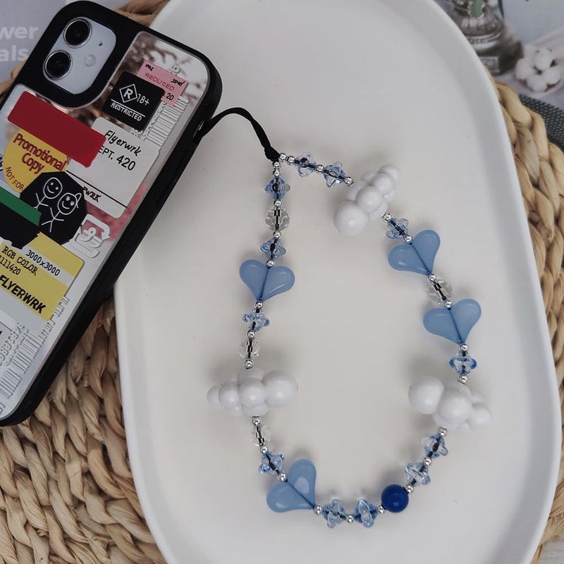 WCCH Beaded Phone Charm Y2K Kawaii Handmade Acrylic Phone Lanyard Wrist Strap for Camera Bag Airpods Keychain Charm Light Blue Heart with White Clouds - Image 5